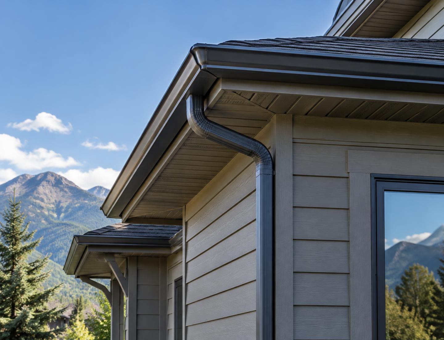 New dark metal gutter and downspout installation