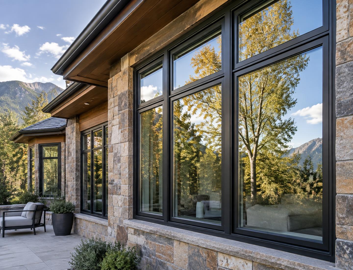 Black-framed replacement windows on a Colorado home